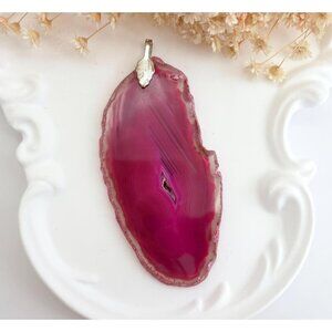 Pink Agate Sliced Geode Crystal Freeform Shaped Large Gold T Vintage Pendant